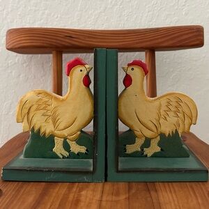 Wood  Rooster Bookends Pair Farmhouse Decor Retro Vintage